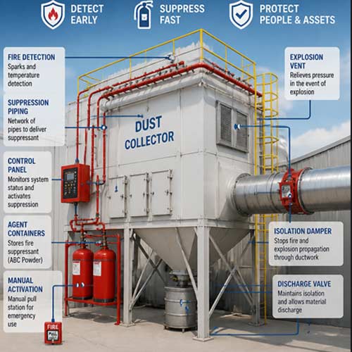 Dust collector fire detection and suppression system for factories