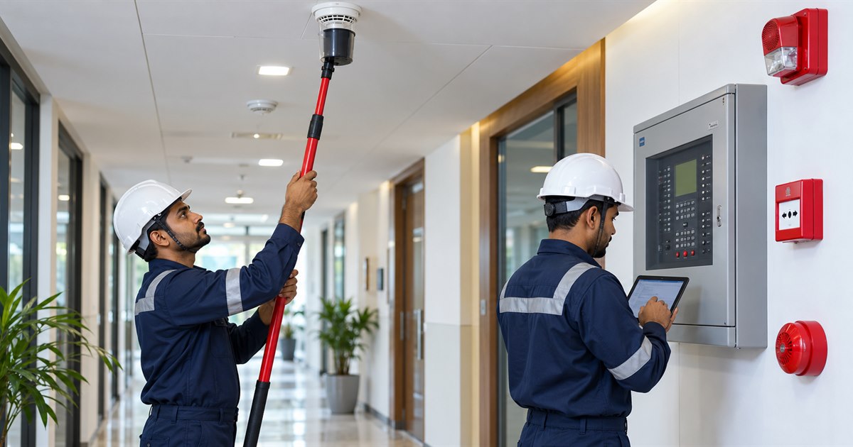 Technicians testing a smoke detector and addressable fire alarm panel in India