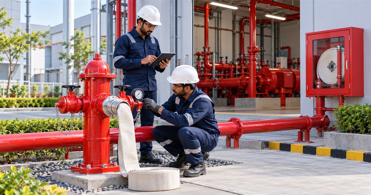 Indian engineers inspecting a yard hydrant, pressure gauge, ring main and fire-pump installation