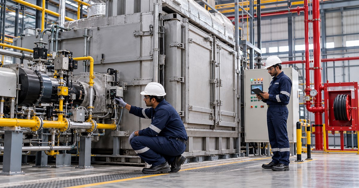 Indian engineers inspecting flame detection and fire protection equipment on an industrial furnace