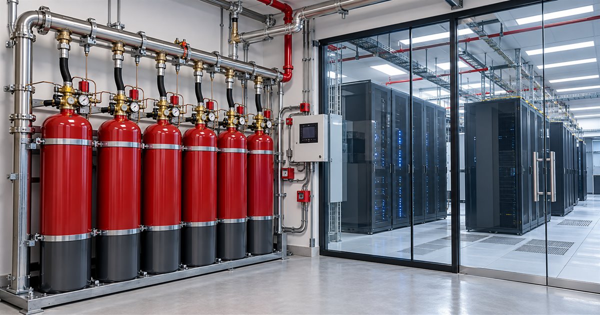 Turnkey gaseous fire suppression cylinder bank protecting a data center in Mumbai and India