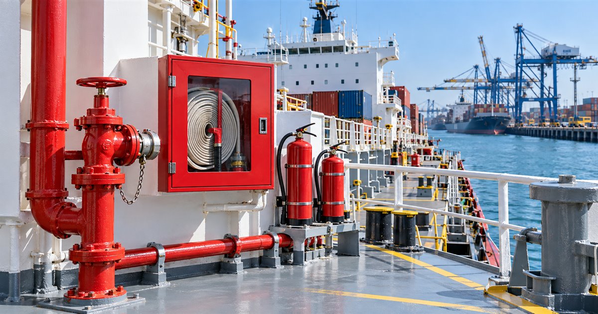 Illustrative shipboard hydrant, hose cabinet and portable extinguishers on a cargo vessel