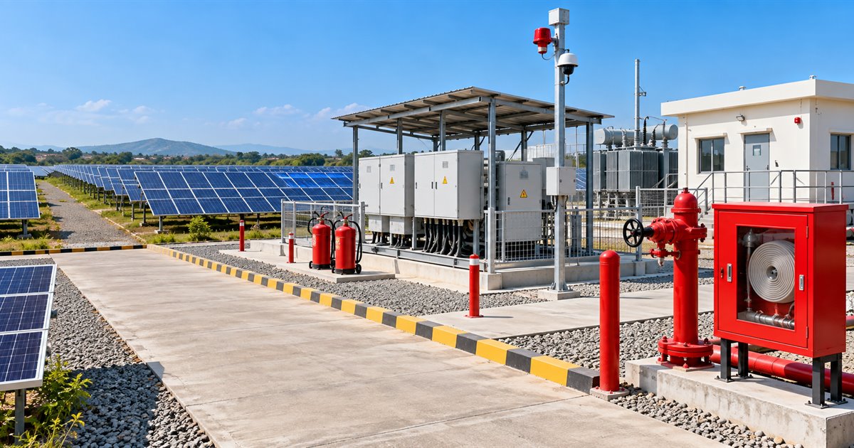 Solar power plant with hydrant, hose cabinet, extinguishers and fire detection systems in India